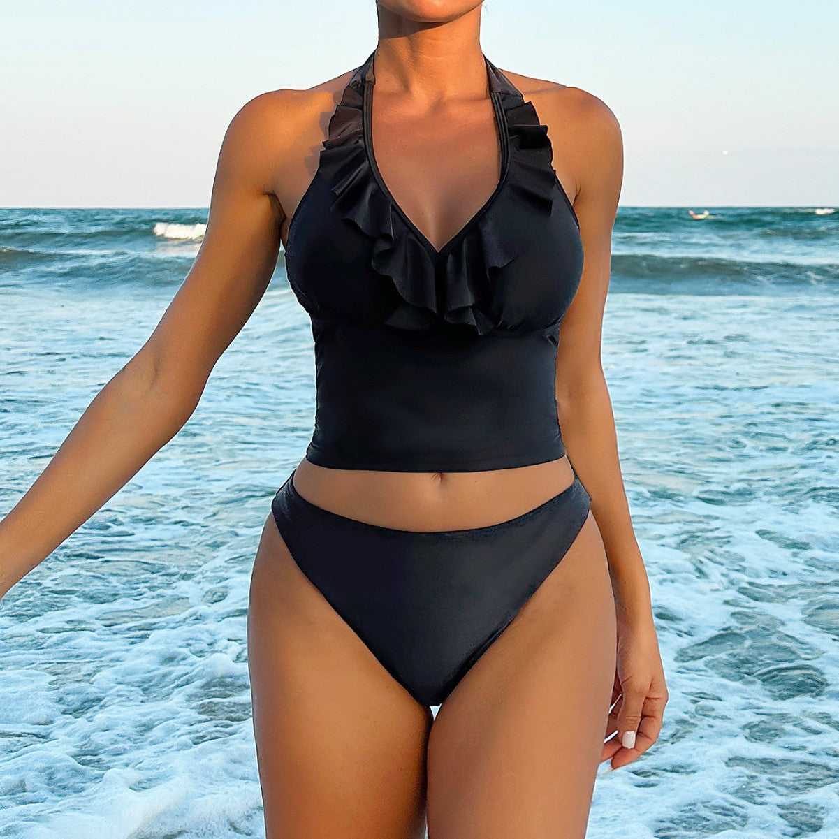 Tankini Solid Color V neck Lace up Sexy Split Bikini Swimsuit Women Swimwear Bella Mia