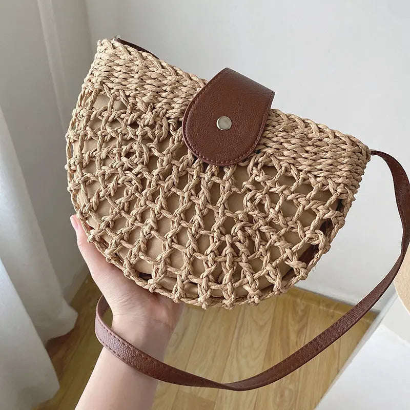 Fresh Hollow Out Cutout Semicircle Straw Bag Crossbody Shoulder Beach Woven Bella Mia