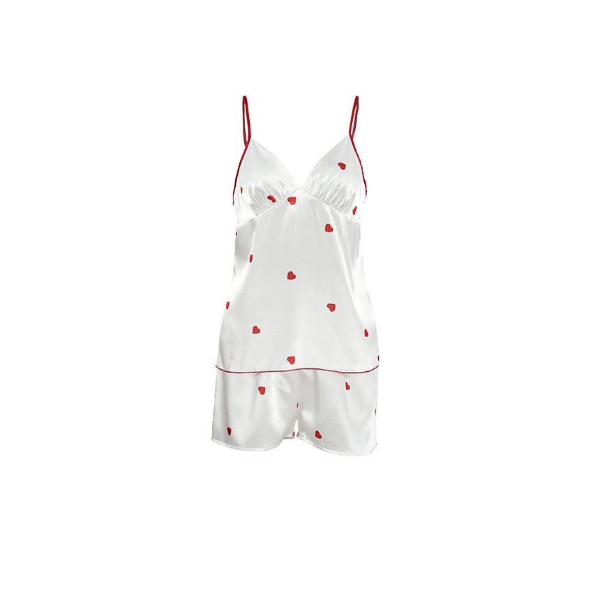 Spring Homewear Heart Printing Suspender Shorts Sexy Two Piece Set Satin Women Pajamas Bella Mia