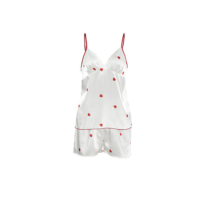 Spring Homewear Heart Printing Suspender Shorts Sexy Two Piece Set Satin Women Pajamas