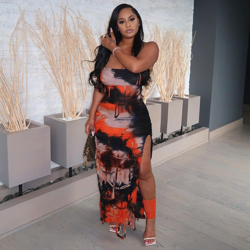 Women Clothing Autumn Tie-Dyed Tassel Split Beggar Dress Sexy Dress Bella Mia