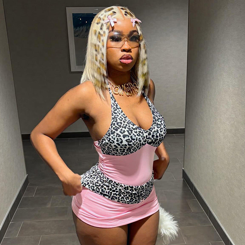 Women Clothing Spring Summer Lace up Halter Deep V Plunge neck Leopard Print Stitching Pleated Sheath Dress Bella Mia