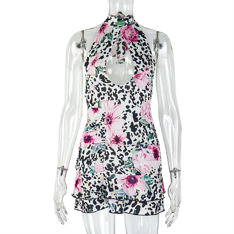 Backless Halter A line Hollow Out Cutout Pleated Slim Sheath Short Dress Printed Sexy Women Clothing Bella Mia