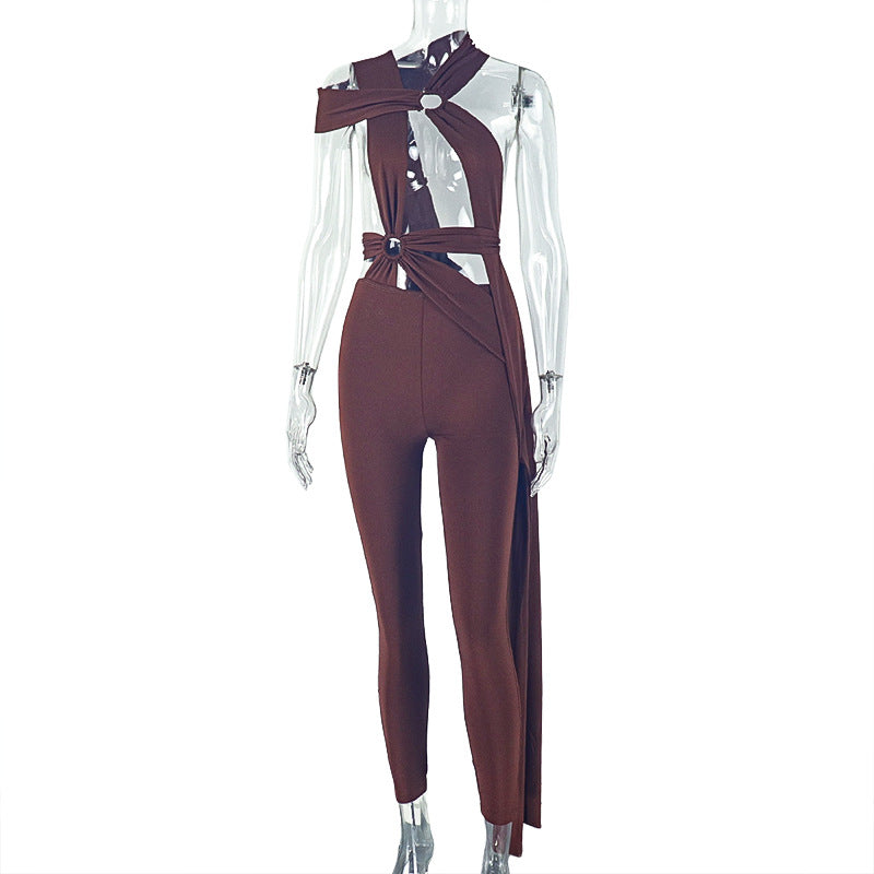 Sexy Women Streetwear Lace up Cutout Metal Ring Jumpsuit Solid Color Skinny Pants Long Jumpsuit Bella Mia