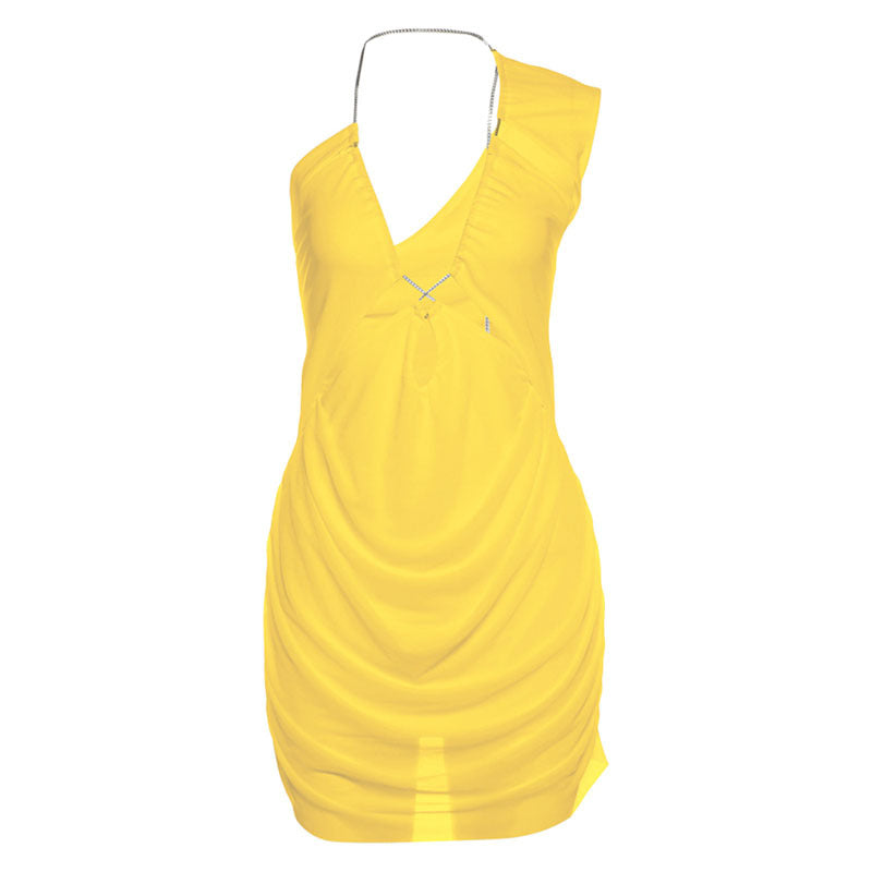 Summer Women Clothing Sexy Solid Color Hollow Out Cutout One Shoulder V neck Short Dress Bella Mia