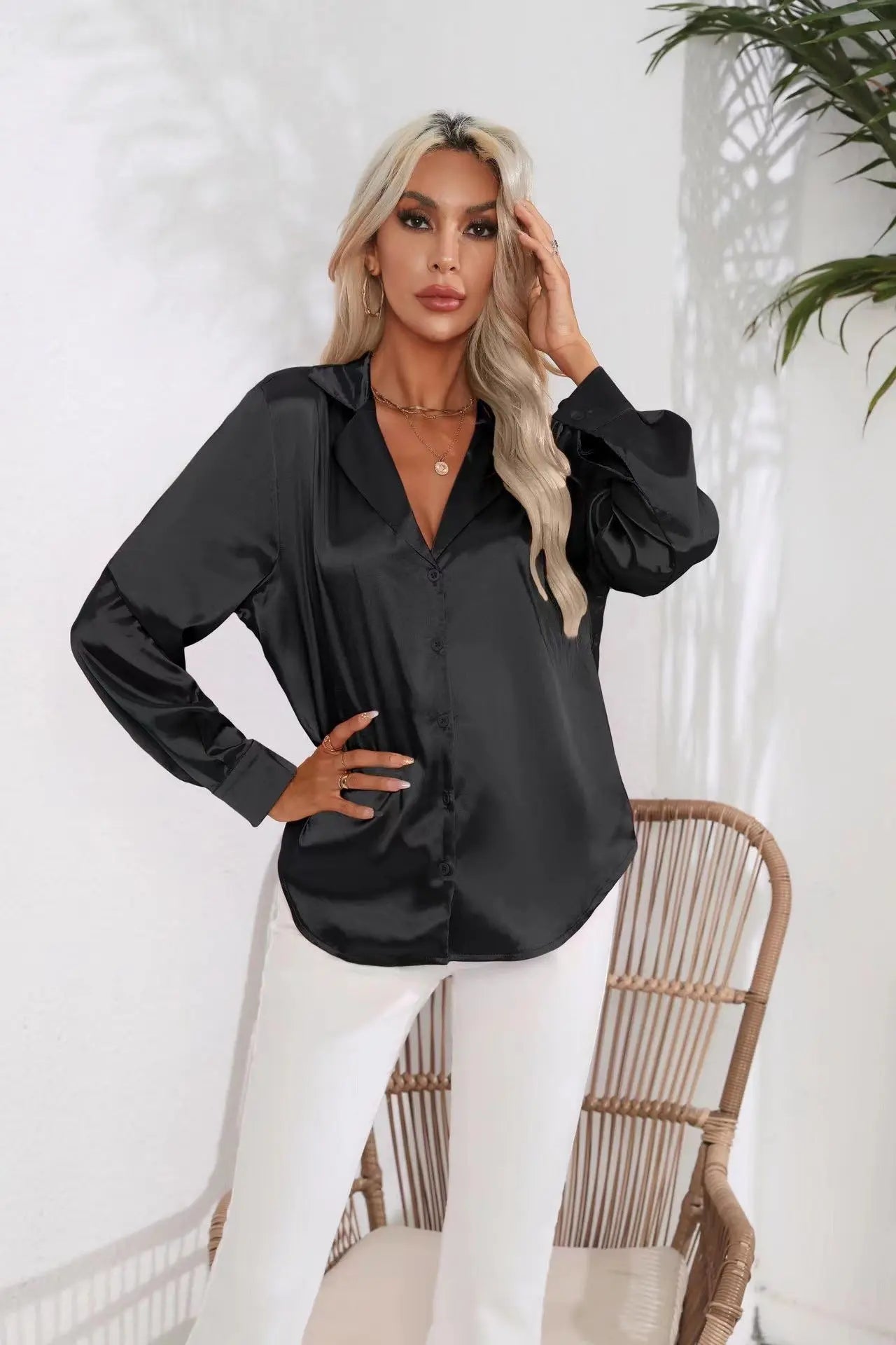 Popular Real Collar Satin Shirt Women Satin Artificial Silk Long Sleeve Shirt Women Clothing Bella Mia