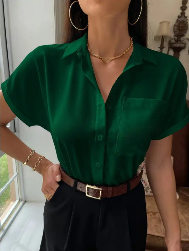 Satin V neck Shirt Women Women Solid Color Satin Short Sleeve Casual Button Satin Shirt Bella Mia