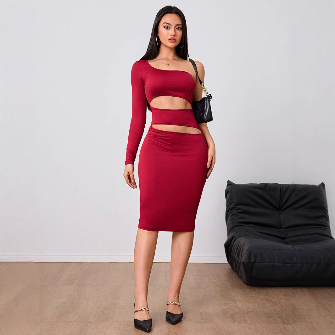 Women Clothing Wine Red Socialite Dress Autumn Winter Single Side Sleeve Midi Dress Bella Mia