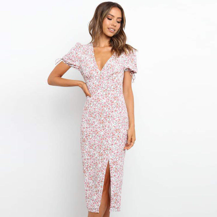 Summer Popular Short Sleeve Printed V neck Sexy Slit Dress for Women Bella Mia
