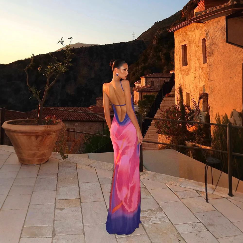 Women Clothing Elegant Diagonal Collar Sling Bare Back Printed Dress Slim Fit Slit Dress Bella Mia