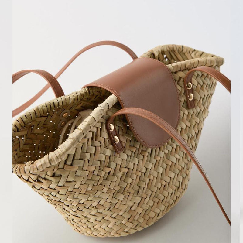 Natural Grass Shoulder Straw Bag Faux Leather Stitching Woven Bag Vacation Beach Bag All Match Rattan Weave Bag Bella Mia