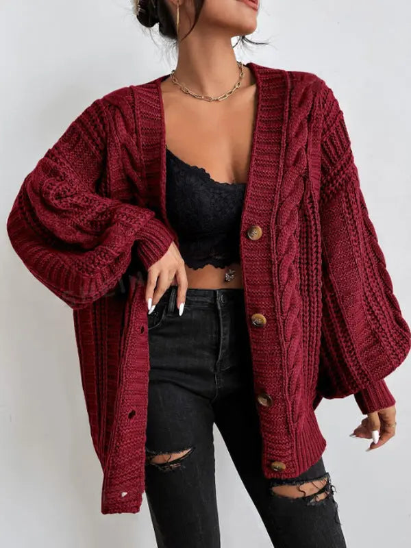 V neck Sweater Women Retro Loose Twist Lantern Sleeve Cardigan Knitted Coat Bella Mia
