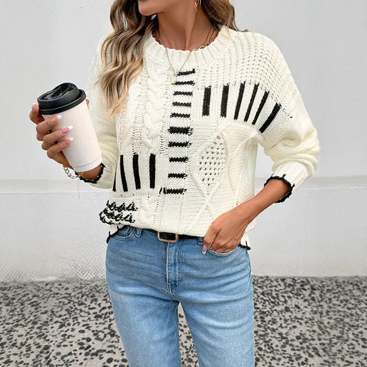 Autumn Winter Retro round Neck Long Sleeve Striped Contrast Color Sweater Women Bella Mia