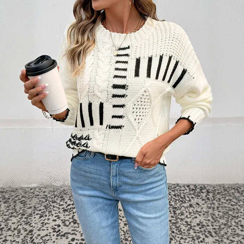 Autumn Winter Retro round Neck Long Sleeve Striped Contrast Color Sweater Women Bella Mia