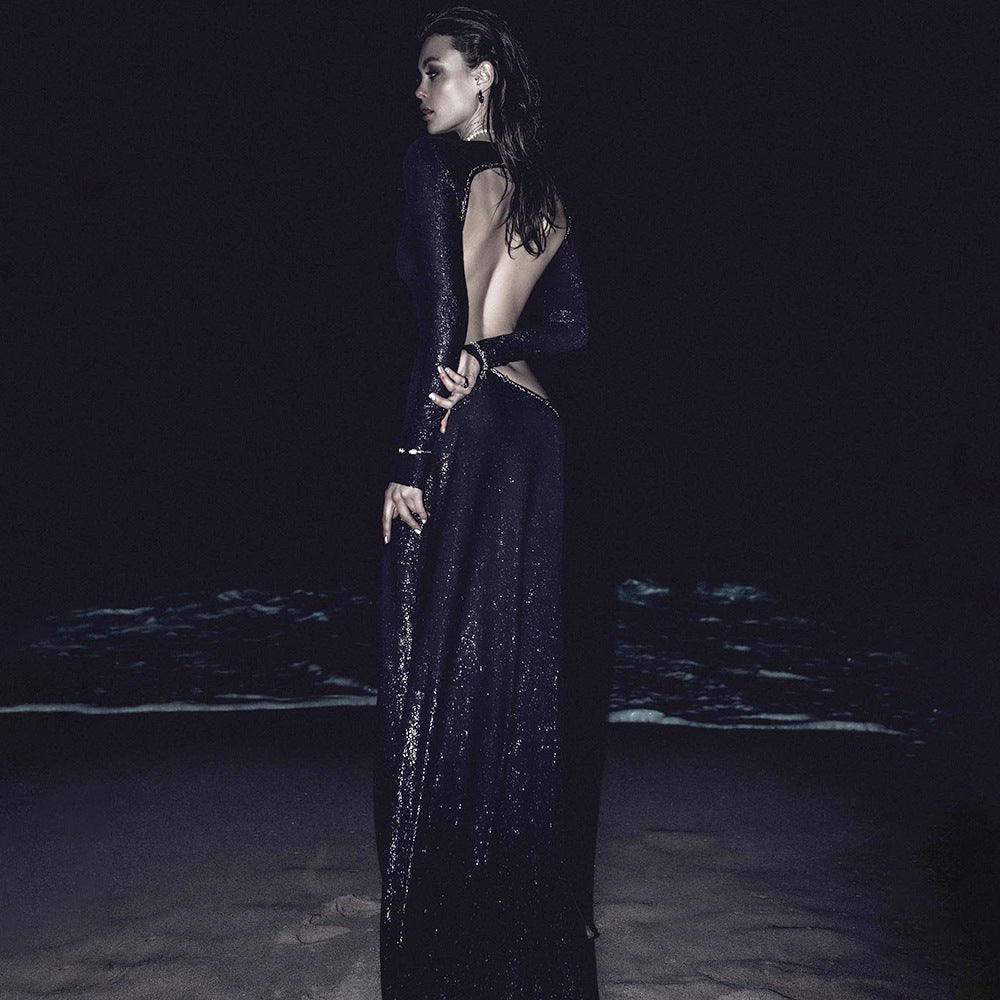Summer Sexy Women Wear Black Long Sleeve Scorpion Backless Slit Silver Silk Dress Bella Mia