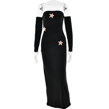 Pleated Long Sleeved Women Dress Fashionable Sexy Sheath Slim Fit Dress