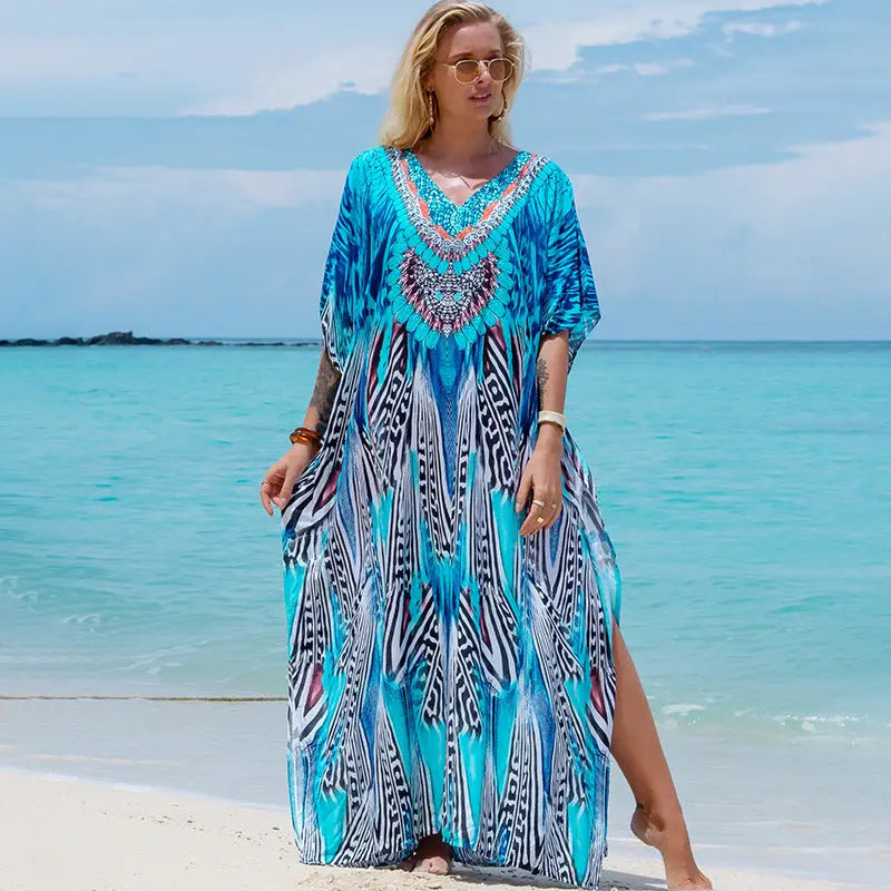 Boho Printed Beach Maxi Dress In Viscose With Animal Print And Split Sleeve Bella Mia