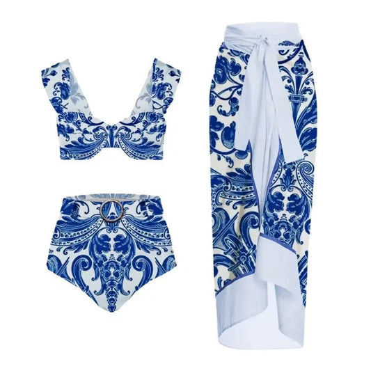 Lonkey Women Swimsuit Blue White Porcelain Printed Three Piece Split Swimsuit Women Bella Mia