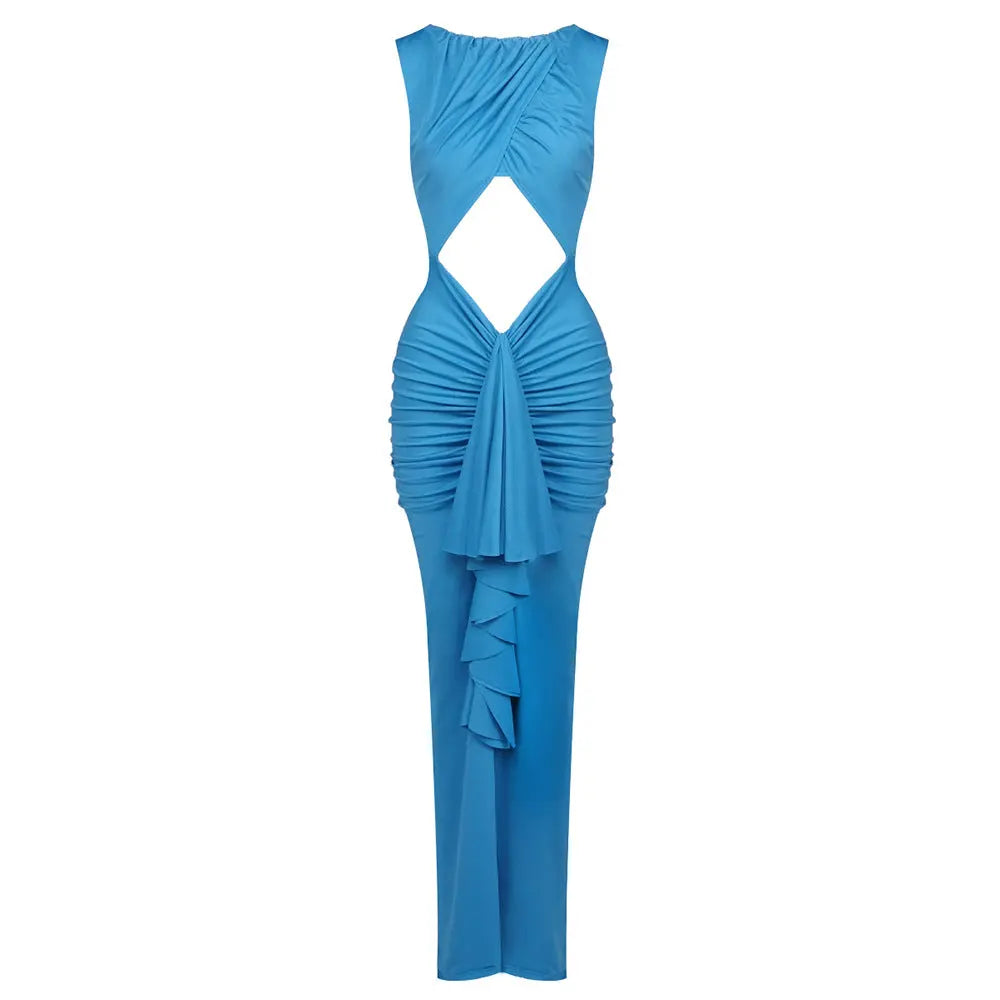 Elegant Stitching Sexy Dress Blue Hollow Out Cutout High Waist Slim Fit Dress Women Bella Mia