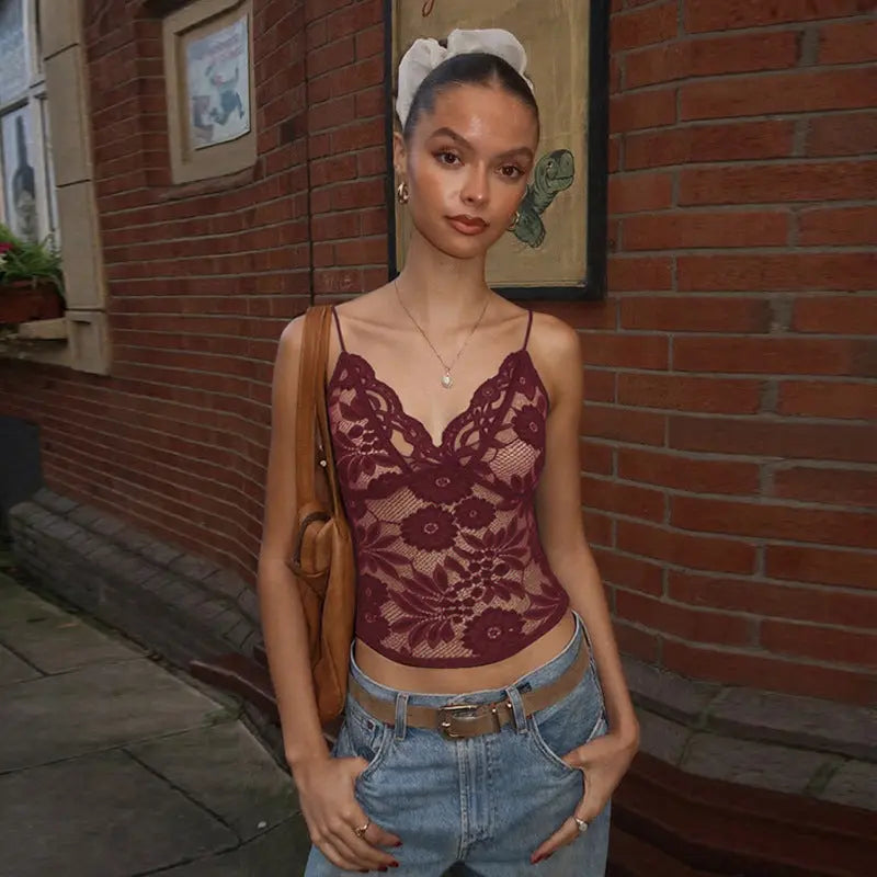 Sexy See Through Lace Camisole With Spaghetti Straps Deep V Neck Floral Pattern Bella Mia