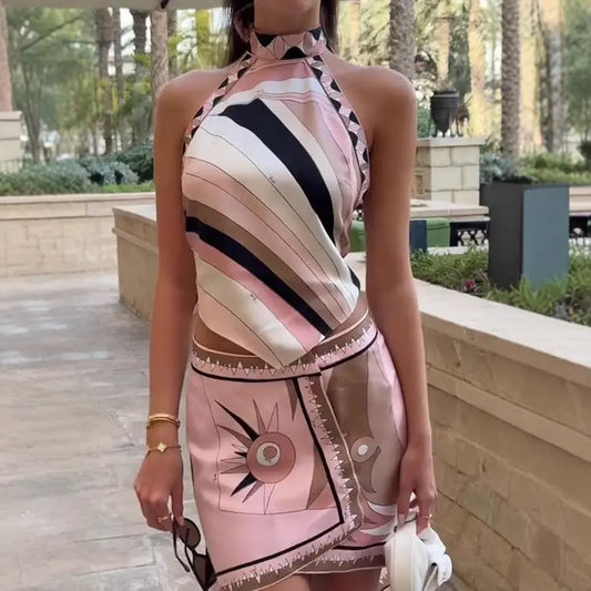 Beach Print Satin Halter Backless Top Irregular Asymmetric Skirt Two Piece Set Bella Mia