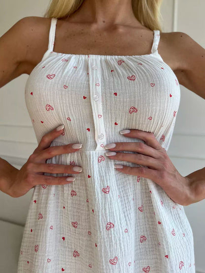 Summer Sling Cotton Printed Nightdress Homewear Pajamas Women Outerwear