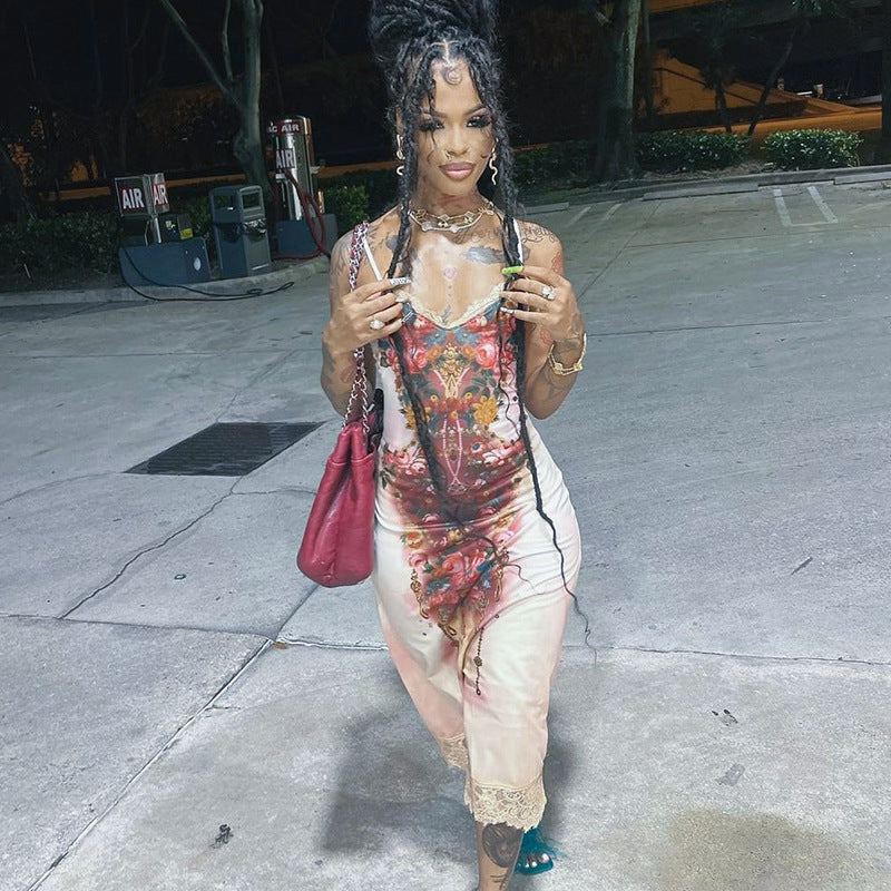 Personalized Printed Lace Lace Spaghetti Strap Dress Spring Slim Fit Maxi Dress Bella Mia