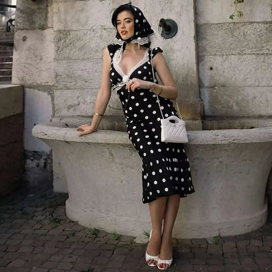 Women Clothing Autumn Elegance Retro V neck Slim Fit Sexy Backless Lace Polka Dot Dress Women Bella Mia