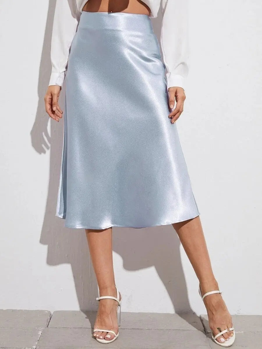 High Waist Satin Midi Skirt With Zipper A Line Regular Fit Women Bella Mia