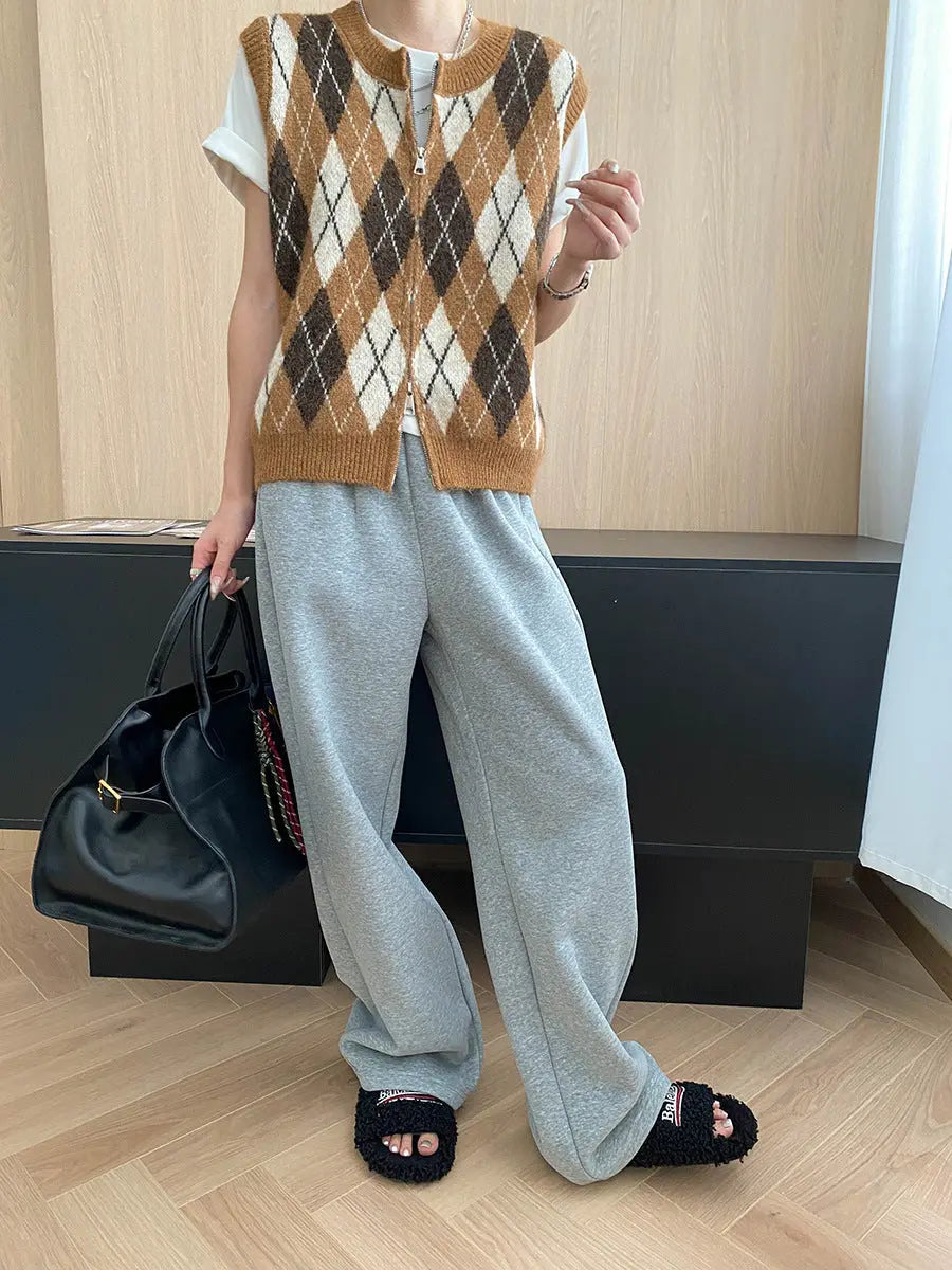 Mid Ancient Design College Hit Color Diamond Lattice round Neck Double Zipper Knitted Vest Bella Mia