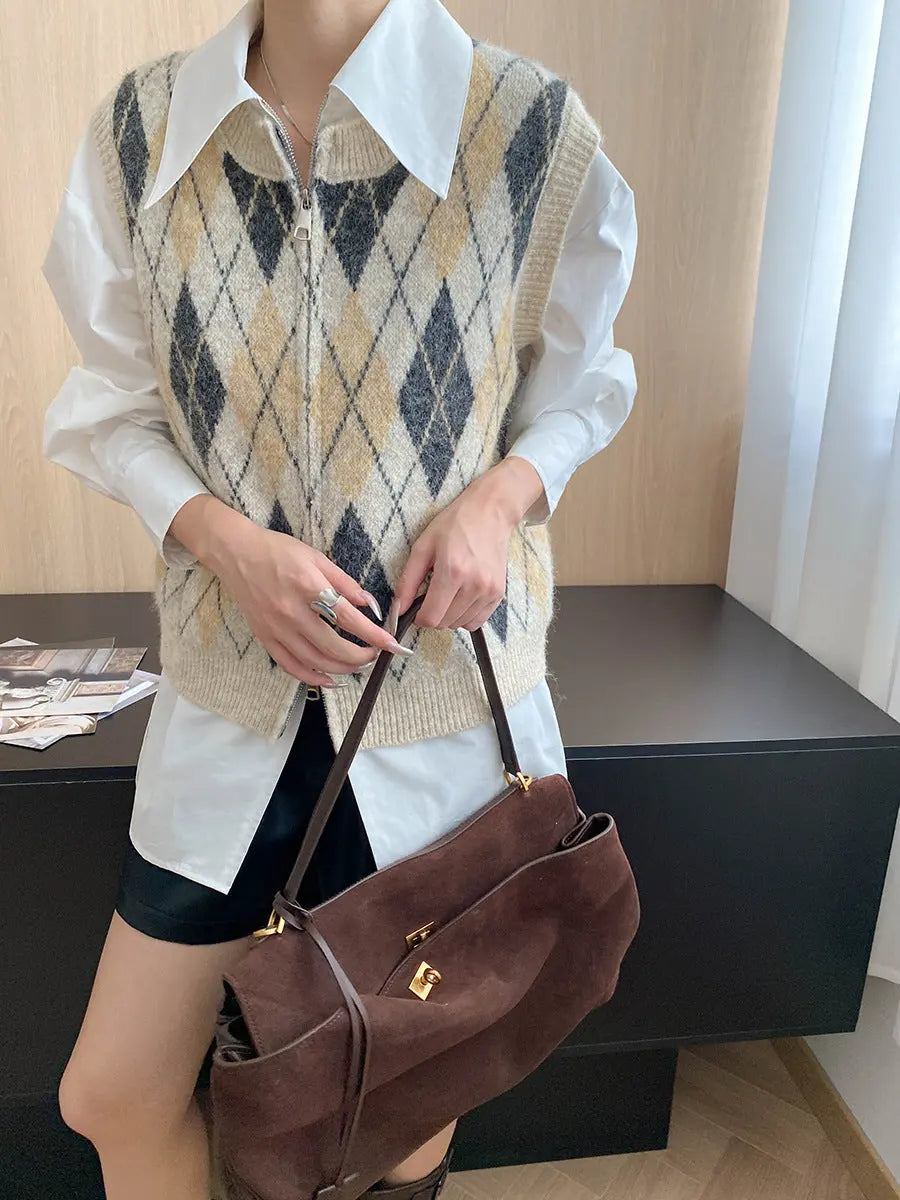 Mid Ancient Design College Hit Color Diamond Lattice round Neck Double Zipper Knitted Vest Bella Mia
