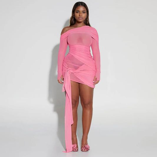 Spring Summer Women Wear Off Neck Design Sexy Pleated Dress Dopamine Sexy Bella Mia