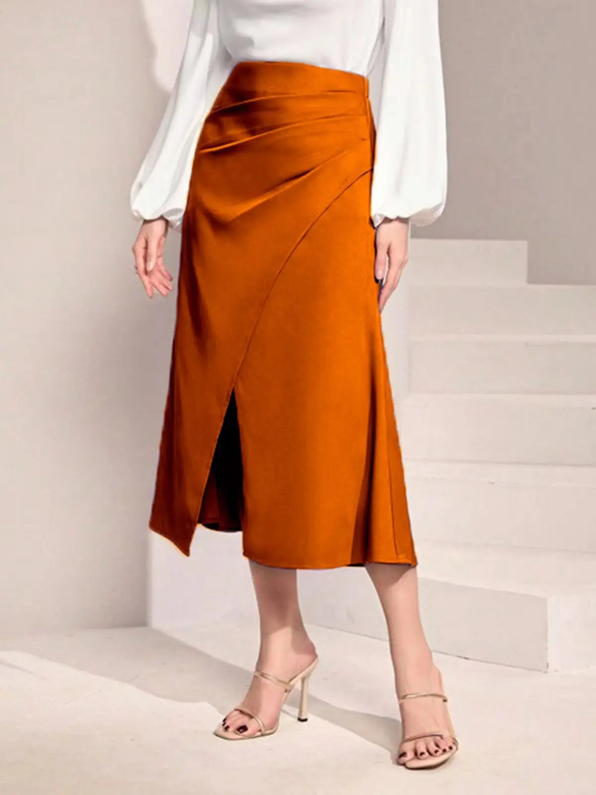 Women Clothing High Waist Satin Pleated Split Dress Solid Skirt Zipper Fishtail Hip Skirt Bella Mia