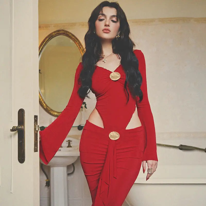 Graceful Women Metal Decorative Long Sleeved Jumpsuit Split Skirt Long Skirt Hollow Out Cutout out Cropped Two Piece Set Bella Mia