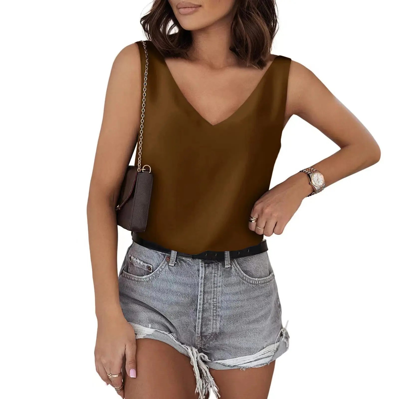 Solid Color Satin Vest V neck Casual Camisole Sleeveless Shirt Summer Basic Bella Mia