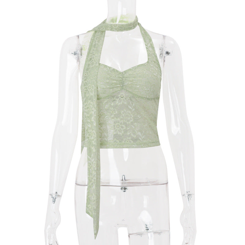 Women Clothing Summer Sexy Lace See through Decorative Ribbon Short Halterneck Vest Top Bella Mia