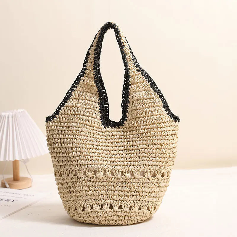 Large Capacity One Shoulder Straw Bag Casual Hollow Out Cutout Portable Straw Bag Woven Bag Women Seaside Vacation Beach Bag Bella Mia