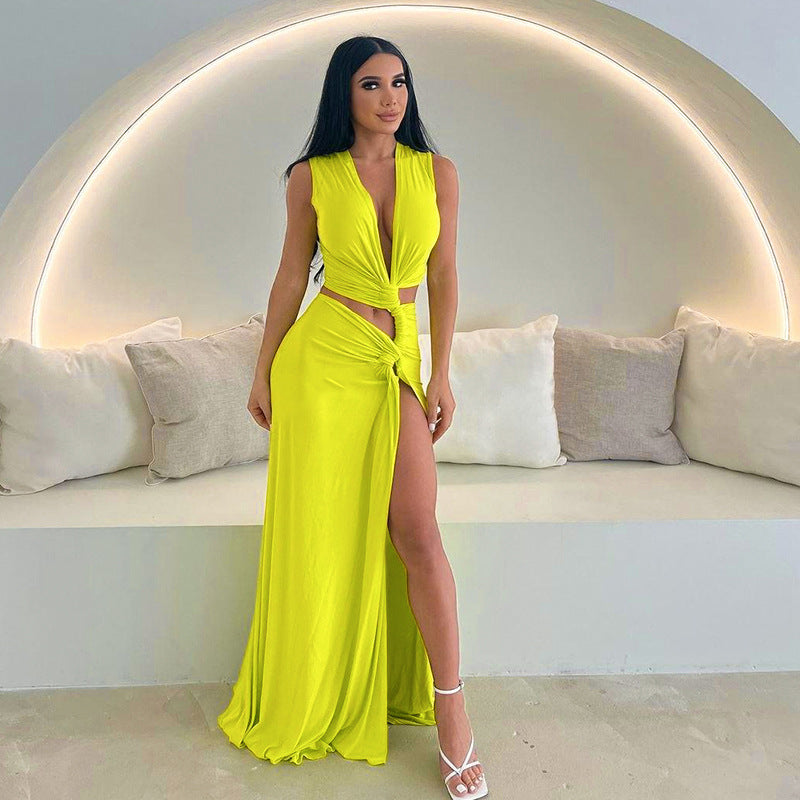 Women Summer Solid Color Sexy Deep V Plunge Hollow Out Cutout Out Slit Slim Fitting Maxi Dress Bella Mia