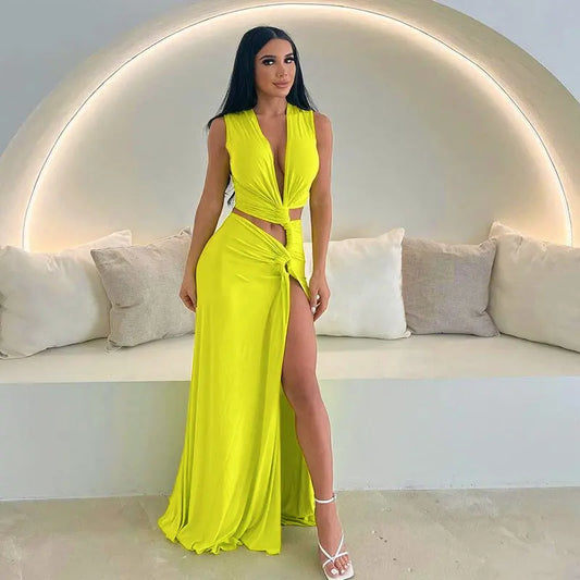 Women Summer Solid Color Sexy Deep V Plunge Hollow Out Cutout Out Slit Slim Fitting Maxi Dress Bella Mia