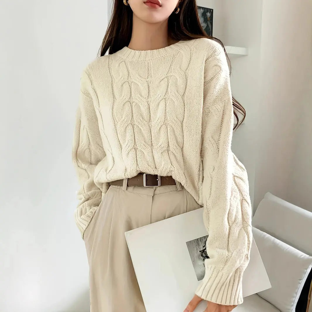 Casual Women Loose Cable Knit Sweater Crew Neck Pullover Autumn Winter Bella Mia