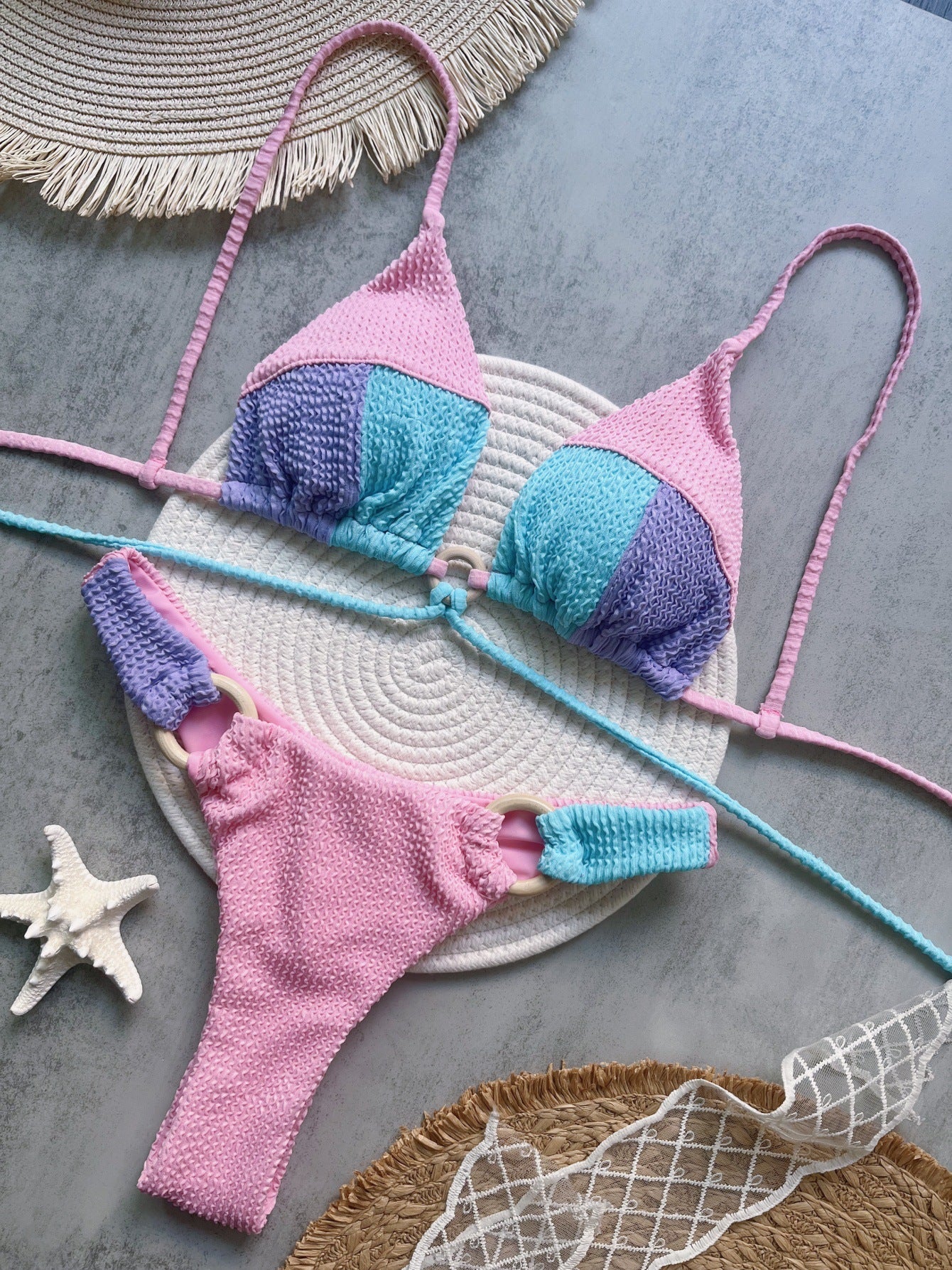 Rib Fabric Stitching Solid Color Bikini Sexy Backless Split Swimsuit Nylon Bikini Bella Mia