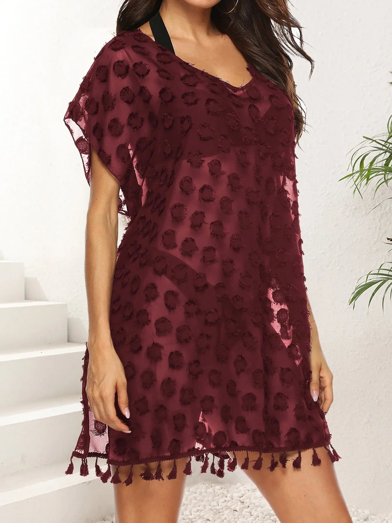 Women Chiffon Shirt Sexy See through Polka Dot Jacquard Chiffon Dress Beach Beach Cover Up Bella Mia