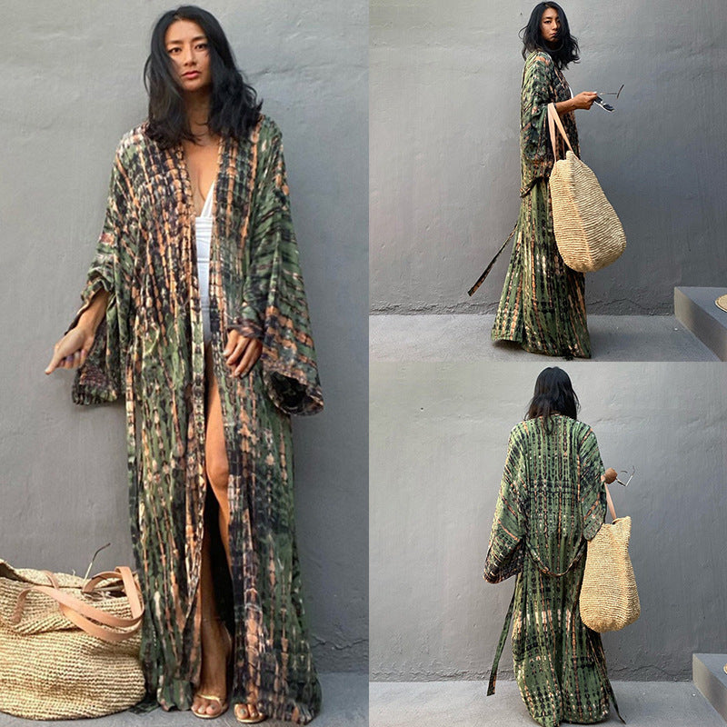 Rayon Printed Vacation Wide Sun Protection Shirt Beach Coat Beach Cover Up Swimsuit Outer Wear Long Cardigan Bella Mia