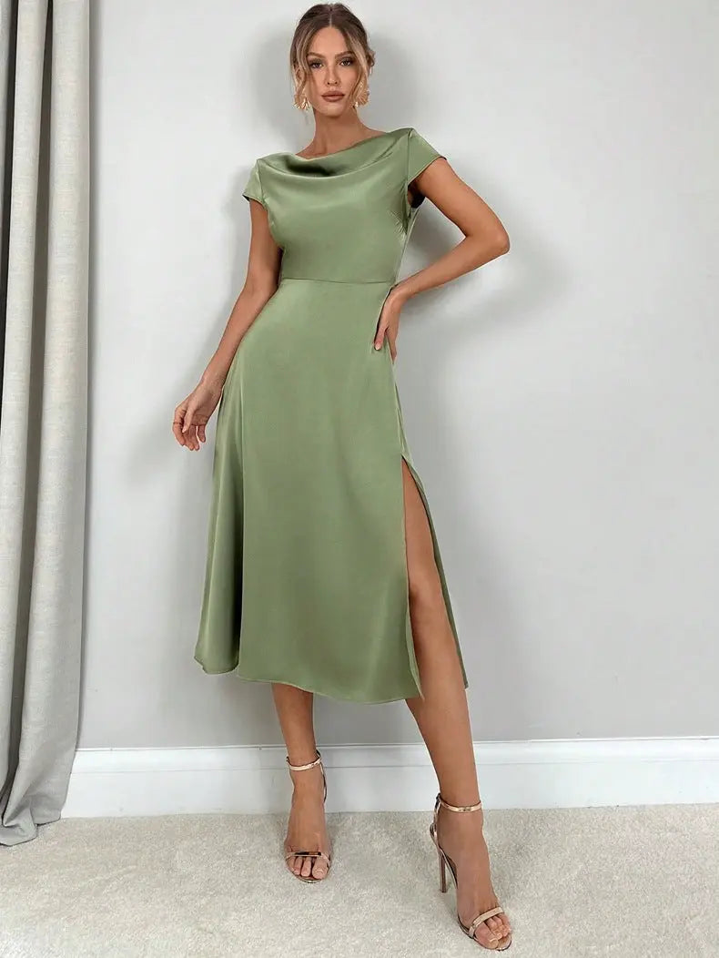 Elegant Satin Midi Split Dress For Women With Backless Cowl Neck Bella Mia