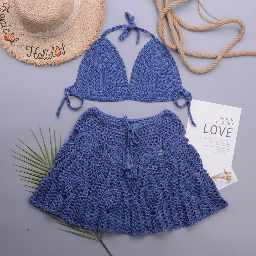Hollowed out Lotus Bud Short Skirt Split Hand Woven Beach Swimsuit Vacation Two Piece Sets Bella Mia