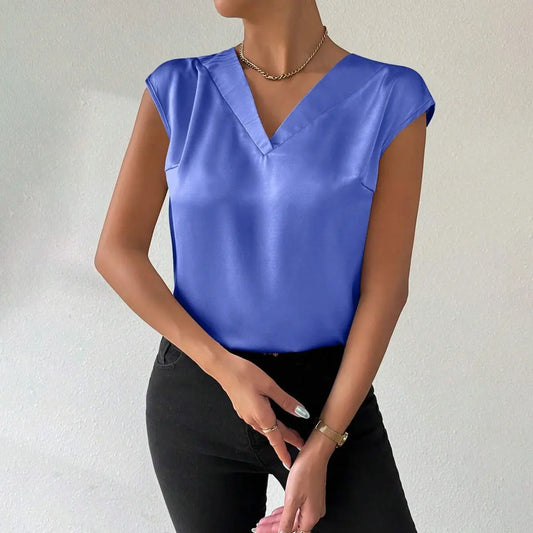 Spring Summer Satin Shirt Women Party V neck Casual Short Sleeve Satin Shirt Bella Mia