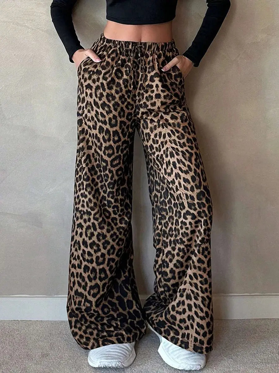 Women Clothing Satin Casual Pants Fall High Waist Leopard Print Loose Straight Satin Wide Leg Pants Bella Mia