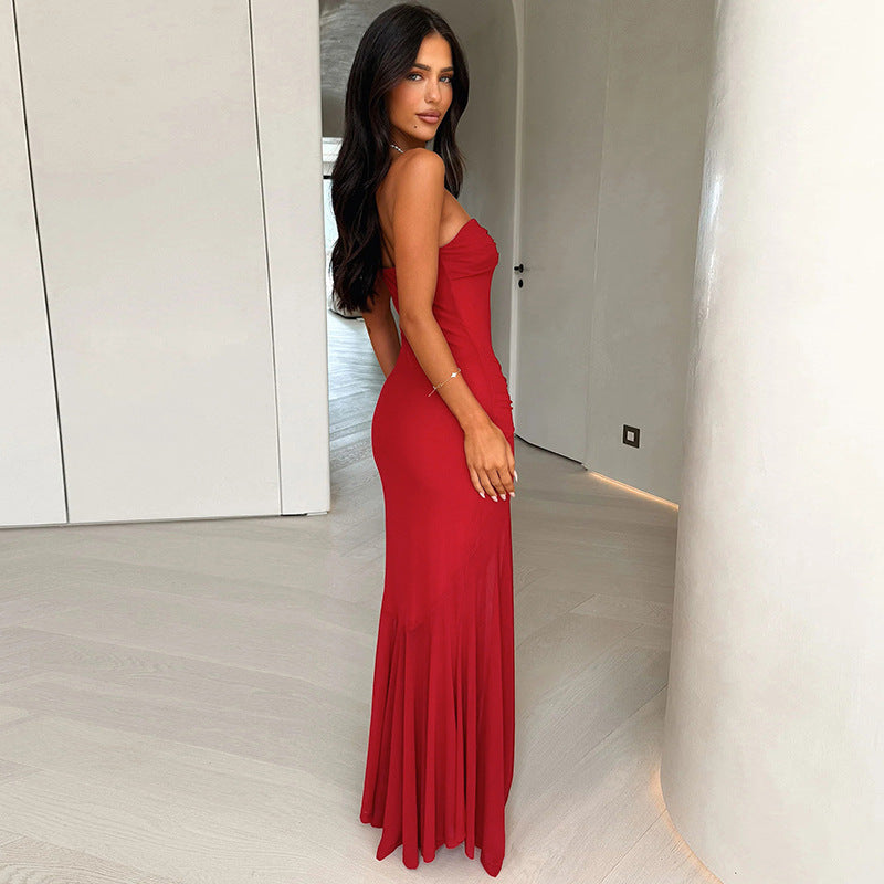 Women Clothing Solid Color Sleeveless Backless Slim Fit Sheath Pleated Tube Top Maxi Dress Bella Mia