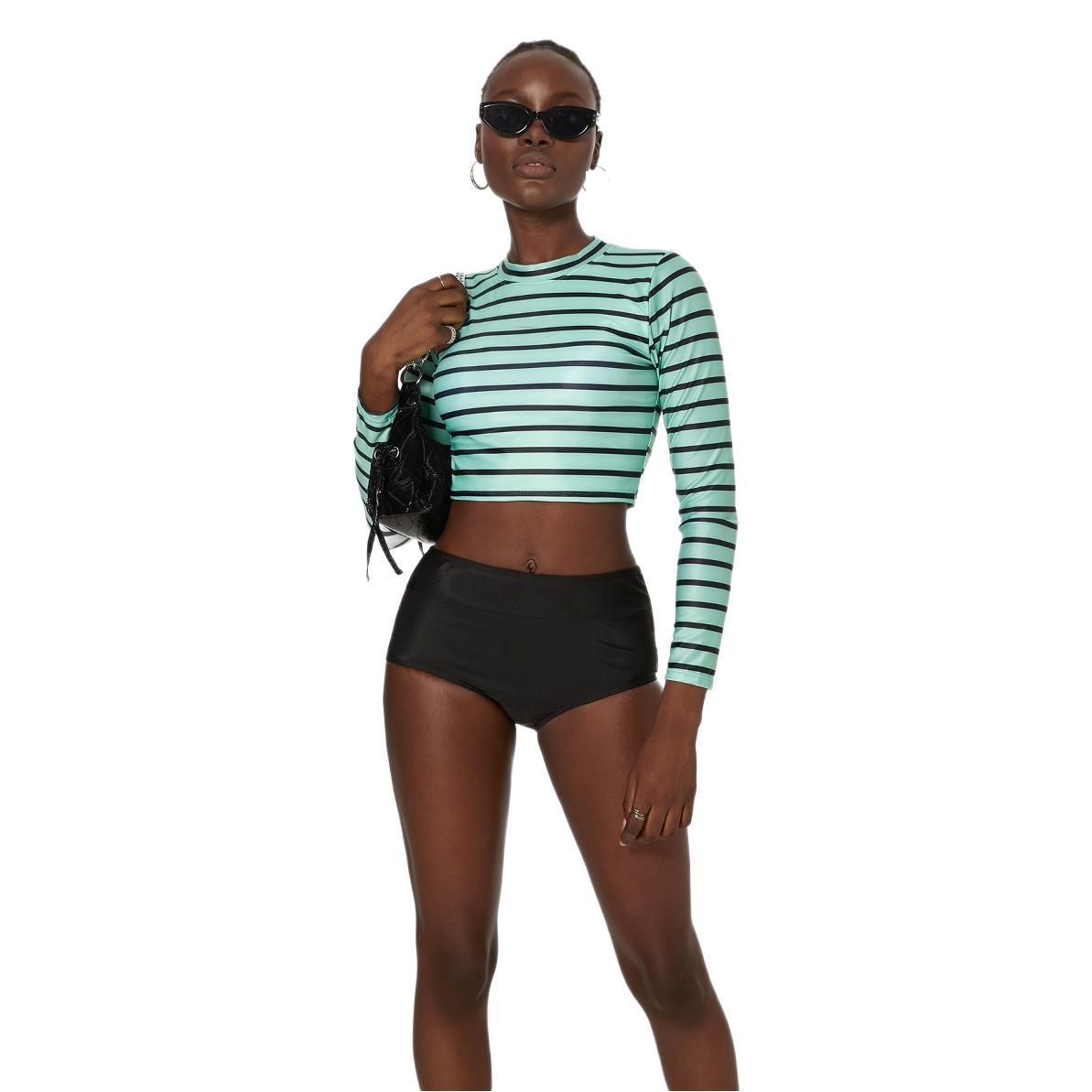 Striped Split Long Sleeve Spring High Waist High Waist Swimwear Women Swimsuit Bella Mia