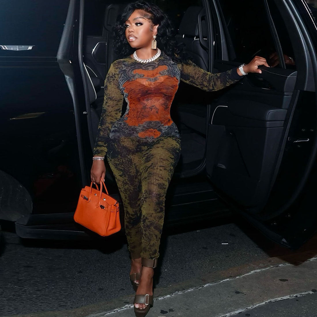 Summer Women Clothing Printed Sexy Mesh High Waist Slim Fit Zipper Long Sleeve Jumpsuit Bella Mia